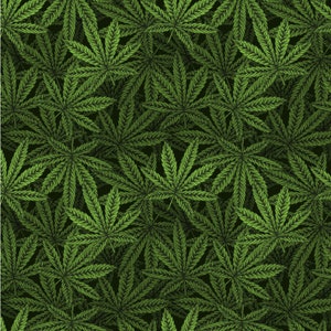 May include: A seamless pattern of green marijuana leaves on a black background. The leaves are arranged in a repeating pattern, creating a dense and lush effect.