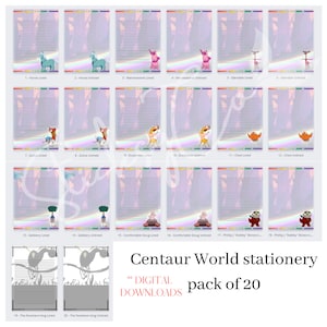 May include: A set of 20 printable stationery sheets featuring characters from the animated series Centaurworld. Each sheet has a different character and is available in lined and unlined versions. The sheets are designed with a rainbow border and a purple background.