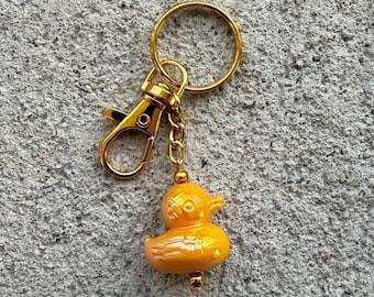 Iridescent Yellow Duck Keychain, Gold Swivel Hook, Kawaii Charm