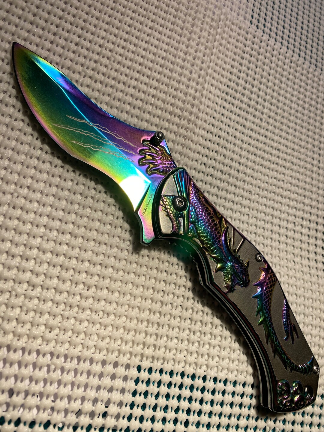 Dragon Pocket Knife Rainbow Titanium Coating Hunting Camping Etsy