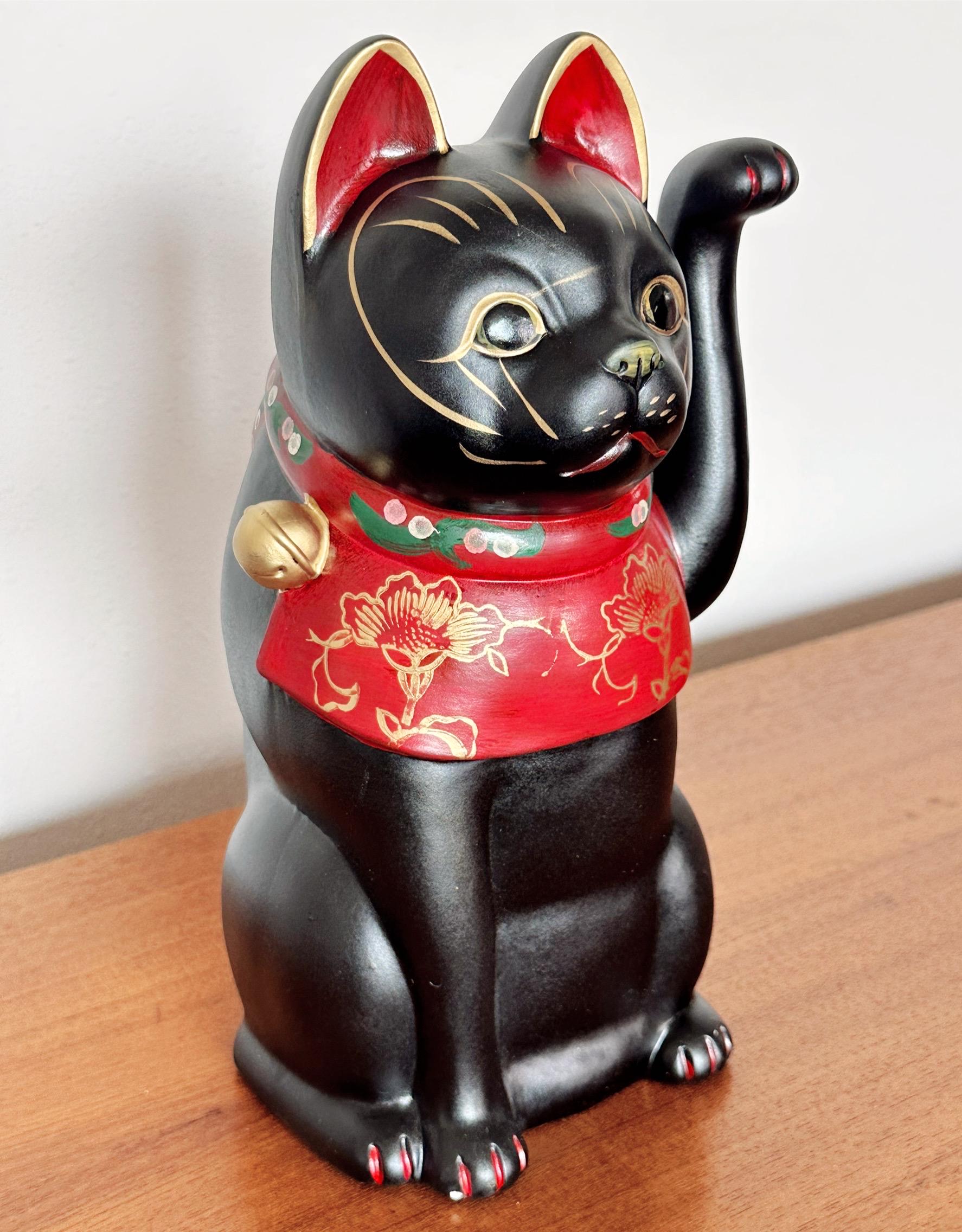 Japanese Maneki Neko Lucky Black Cat Statue Hand Painted Folk Art