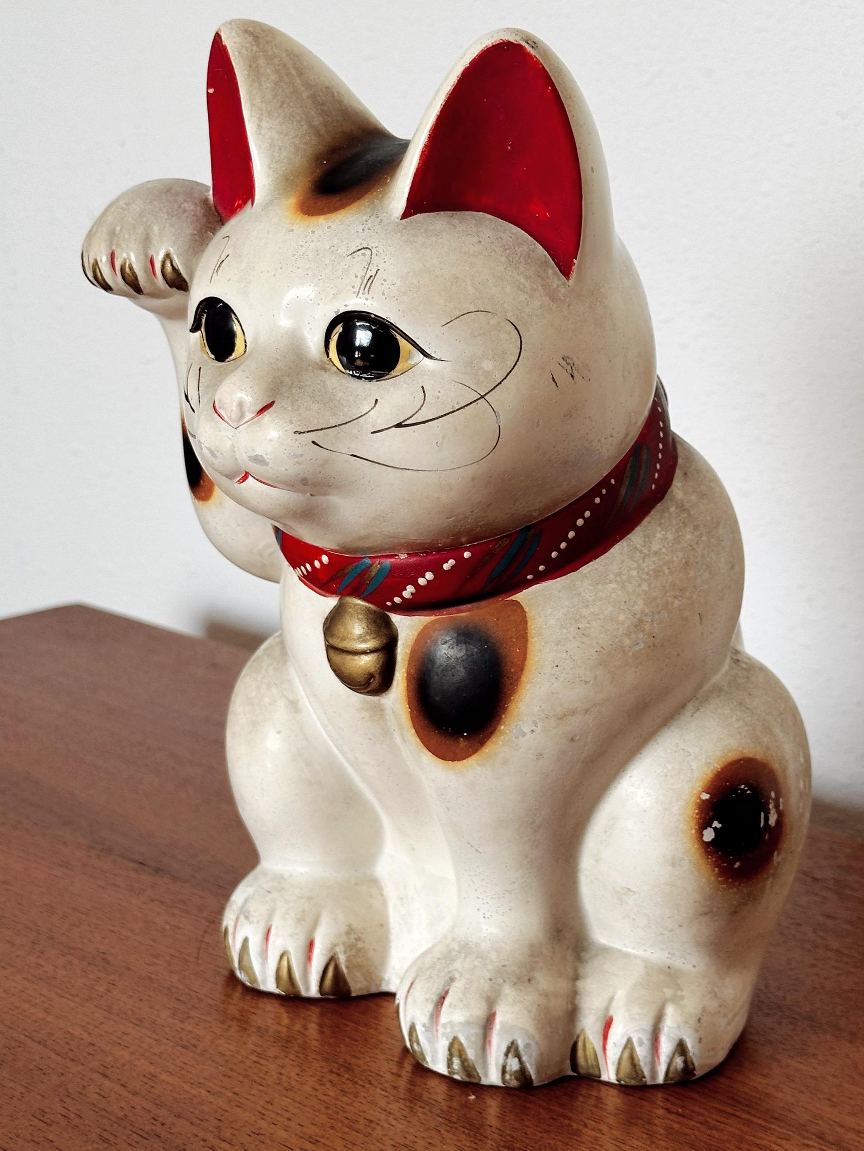 Japanese Antique Maneki Neko Lucky White cat statue hand painted 1940's