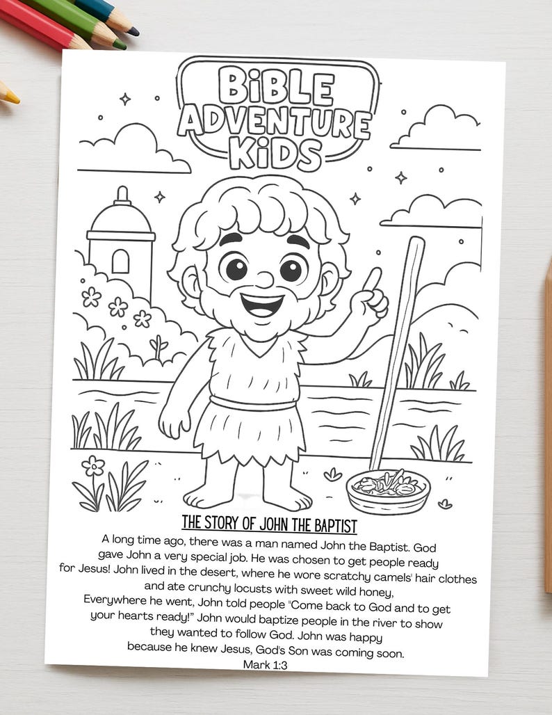 K&ouml;nnte beinhalten: Schwarz-Wei&szlig;-Malvorlage mit dem Text "Bible Adventure Kids" und einer Illustration von Johannes dem T&auml;ufer. Das Bild enth&auml;lt eine Cartoon-Darstellung von Johannes, ein Geb&auml;ude, Wolken und Text, der seine Geschichte beschreibt. Ideal f&uuml;r den Religionsunterricht.