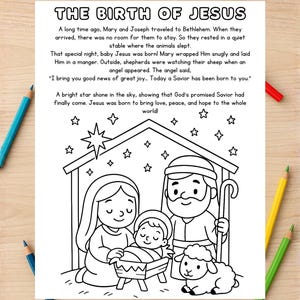 May include: Black and white line art colouring page titled "THE BIRTH OF JESUS." The image depicts a nativity scene with Mary, Joseph, baby Jesus in a manger, a lamb, and stars. Text describes the birth of Jesus.