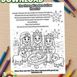 May include: Black and white line art of a Bible Adventure Kids coloring page. The image depicts the Three Wise Men following a star, with text that reads "The Three Wise Men Follow the Star." Includes a baby in a manger, a donkey, and a sheep.