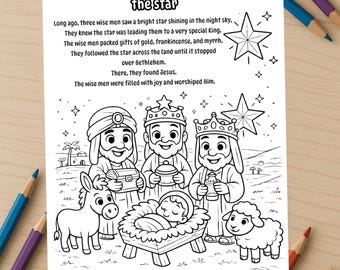 Three Wise Men Coloring Page + Short Story | Nativity Bible Coloring Sheet for Kids | Christian Christmas Printable | Matthew 2:10