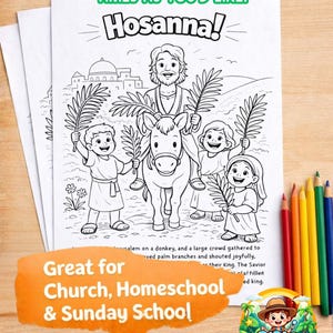 Può includere: Pagina da colorare in bianco e nero con la parola "Hosanna!" e un'illustrazione di Gesù su un asino, circondato da bambini che tengono rami di palma. Il testo in alto recita "Download istantaneo. Stampa tutte le volte che vuoi!" e "Ottimo per la chiesa, la scuola a casa e la scuola domenicale!"