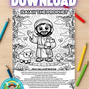 Pode incluir: Página para colorir em preto e branco com Isaías, o Profeta, um personagem de desenho animado com barba, segurando um pergaminho e acenando. Uma ovelha e um pássaro também estão presentes. O texto "INSTANT DOWNLOAD" e "ISAIAH THE PROPHET" estão no topo.