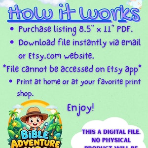 K&ouml;nnte beinhalten: Werbung f&uuml;r eine digitale Datei mit hellgr&uuml;nem Hintergrund und blauem Text. Der Text erkl&auml;rt den Kauf und das Drucken einer PDF-Datei. Enth&auml;lt eine Cartoon-Grafik eines Jungen mit dem Text "Bible Adventure Kids".