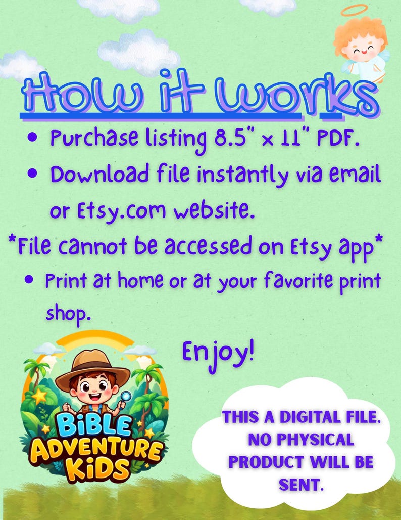 K&ouml;nnte beinhalten: Werbung f&uuml;r eine digitale Datei mit hellgr&uuml;nem Hintergrund und blauem Text. Der Text erkl&auml;rt den Kauf und das Drucken einer PDF-Datei. Enth&auml;lt eine Cartoon-Grafik eines Jungen mit dem Text "Bible Adventure Kids".