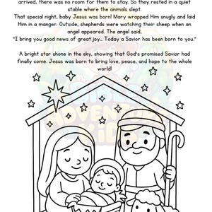 May include: Black and white illustration of the Nativity scene. Mary and Joseph are depicted with baby Jesus in a manger, surrounded by a sheep. The text at the top reads "THE BIRTH OF JESUS".