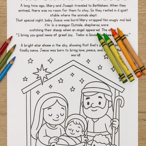 May include: A black and white illustration of the Nativity scene, with Mary, Joseph, and baby Jesus in a manger. The text "THE BIRTH OF JESUS" is at the top. Colouring pencils are on the side.