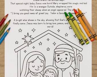 Die Geburt von Jesus Malseite mit einer kurzen Geschichte Krippe Printable | Kinder Bibel Malvorlage | Weihnachtssonntag Schulaktivität |