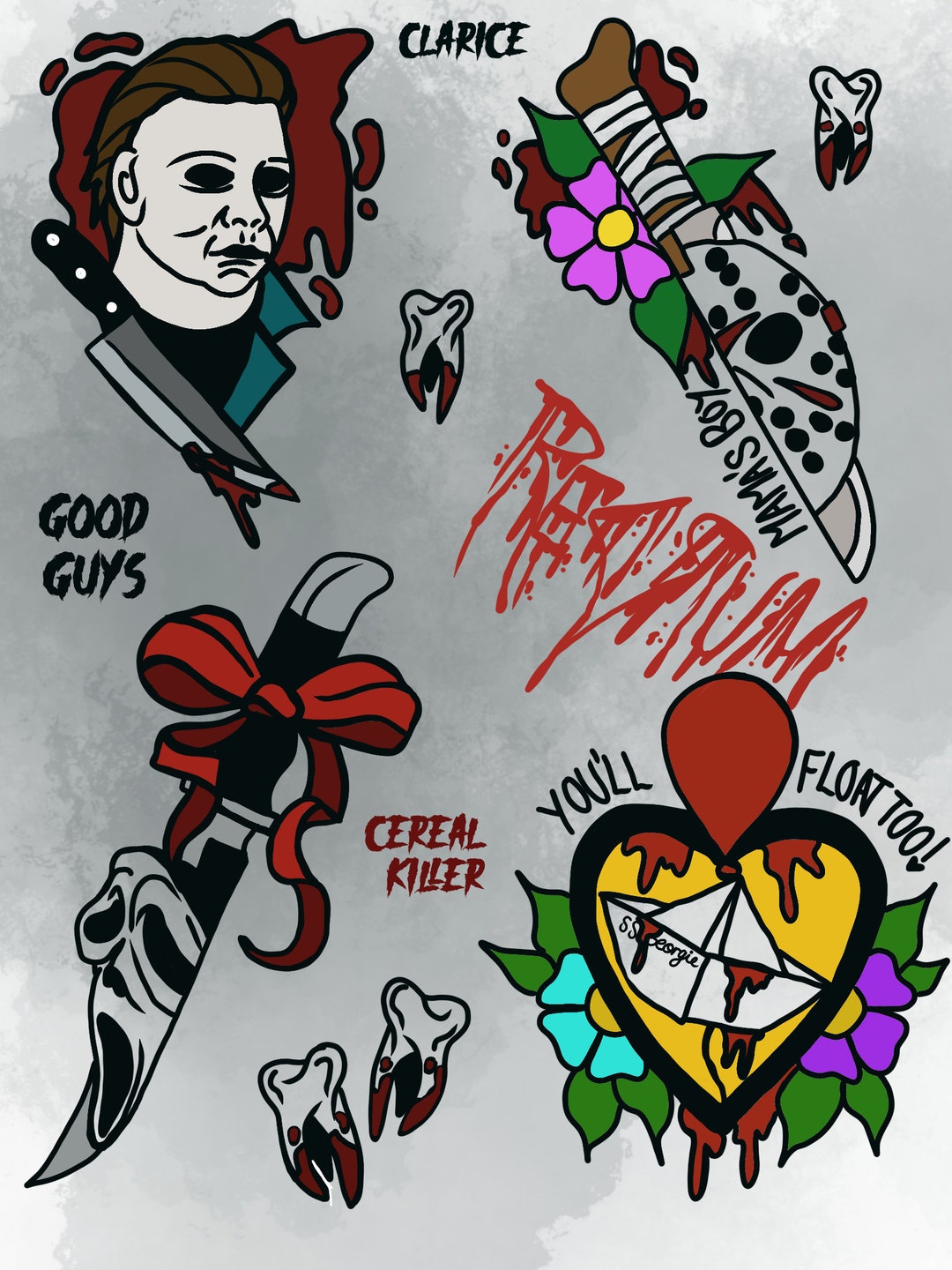 Horror Tattoo Flash Sheet Digital Print Etsy