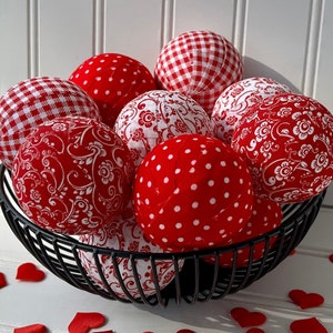 Valentines Day Fabric Wrapped Rag Balls, Dough Bowl or Basket Filler, Farmhouse Tiered Tray Decor, Valentine’s Day Home Decor, Set of 8