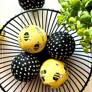 Honeybee Fabric Wrapped Rag Balls, Tiered Tray Decor, Spring and Summer Basket Filler, Farmhouse Dough Bowl Filler, Honey Bee Home Decor