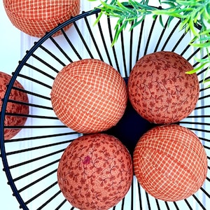 Orange Homespun Fabric Wrapped Balls, Fall Tiered Tray Decor, Autumn Farmhouse Dough Bowl or Basket filler, Seasonal Home Decoration,