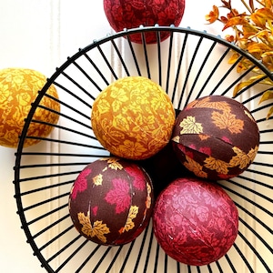 Fall Leaves Fabric Wrapped Rag Balls, Autumn Tiered Tray Decor, Farmhouse Dough Bowl or Basket filler, Seasonal Home Decor