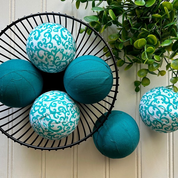 Teal Fabric Wrapped Rag Balls, Farmhouse Basket Filler, Dough Bowl Filler, Tiered Tray Decor, Turquoise Home Decor