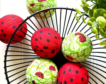 Ladybug Fabric Wrapped  Balls, Farmhouse Tiered Tray Decor, Rustic Dough Bowl or Basket Filler, Cottage Style Kitchen Home Decor