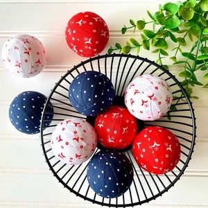Summer Patriotic Fabric Wrapped Rag Balls Tiered Tray Decor, Red White Blue Basket or Dough Bowl Filler, Independence Day, July 4th
