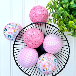 Pink Floral Fabric Wrapped Rag Balls, Cottage Style Home Decor, Tiered Tray, Farmhouse Dough Bowl Filler, Basket Filler, Spring Home Decor