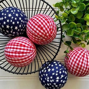 Patriotic Fabric Wrapped Rag Balls, Tier Tray Decor, Red White Blue Dough Bowl or Basket Filler, July 4th Home Decoration, Independence Day