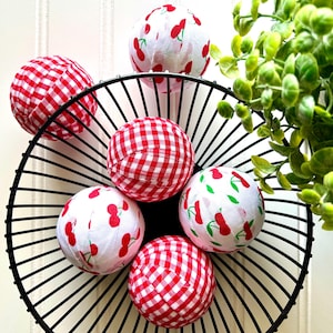 Cherries Fabric Wrapped Balls, Tiered Tray Decor, Cherry Dough Bowl Filler, Kitchen Basket Filler, Summer Home Decoration