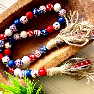 July 4th Wood Bead Garland, Patriotic Summer Tiered Tray, Boho Farmhouse Decor, Independence Day, Red White and Blue Home Decor