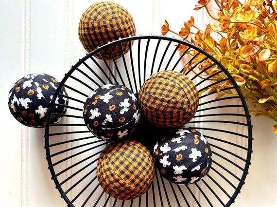 Halloween Fabric Wrapped Rag Balls, Ghosts Tier Tray Decor, Halloween Basket or Dough Bowl Filler,  Farmhouse Autumn Home Decor