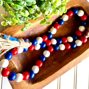 Patriotic Wood Bead Garland, July 4th Summer Tiered Tray, Boho Farmhouse Decor, Independence Day, Red White and Blue Home Decor