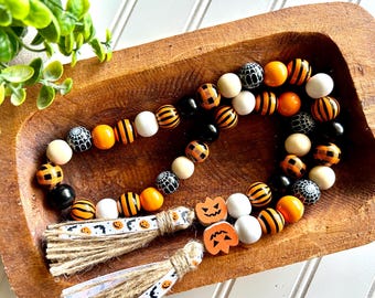 Halloween Wood Bead Garland, Fall Tiered Tray, Boho Farmhouse Decor, Pumpkin Kitchen Home Decor, Dough Bowl, Coffee Bar, Book Drape