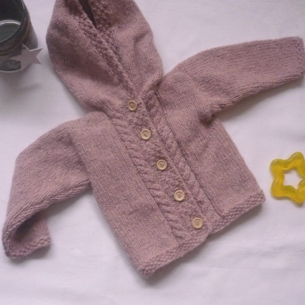 Baby wool cardigan with hood in pink and sizes 50/56 and 62/68