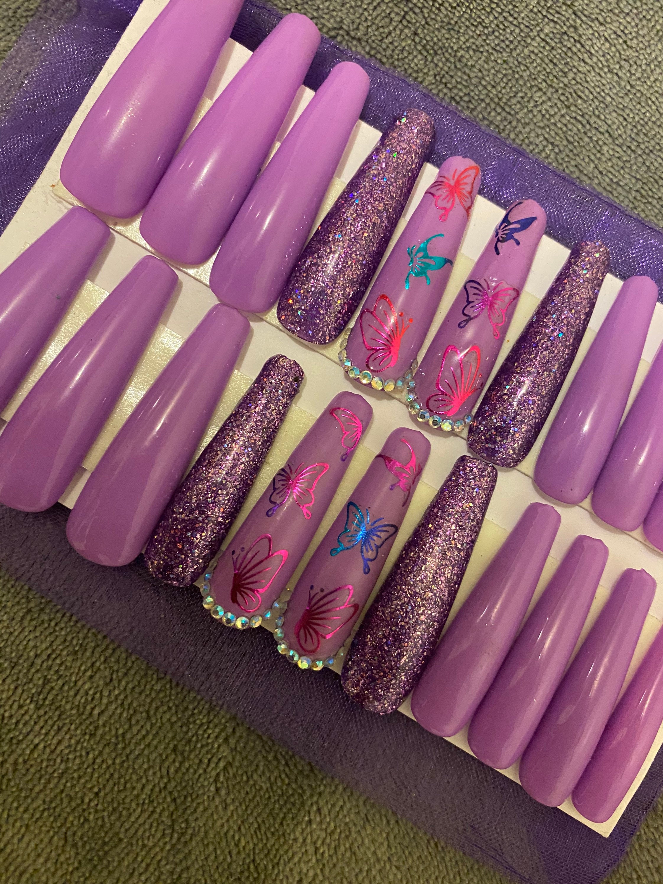 Extra long coffin nails press on purple nails purple glue on | Etsy