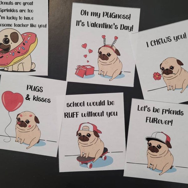 printable pug Valentines cards for kids / classroom Valentines
