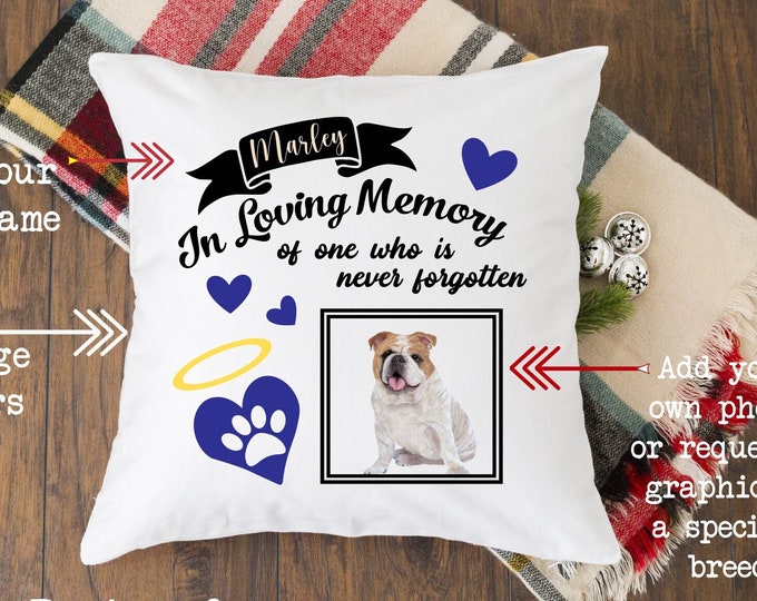 Pet memorial pillow, 16x16. In loving memory of your dog or cat, personalized with your name