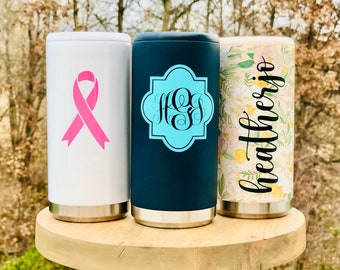 Breast Cancer Ribbon Skinny Can Cooler, insulated.  Keep your favorite drink cool while watching holiday movies or on vacay!  Great gift!