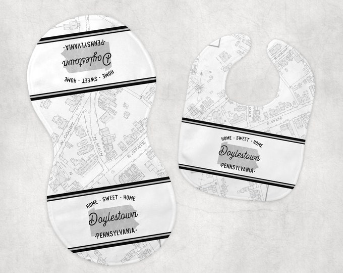 Doylestown Bib - even the littles ones can show hometown love! Optional matching burp cloth add-on