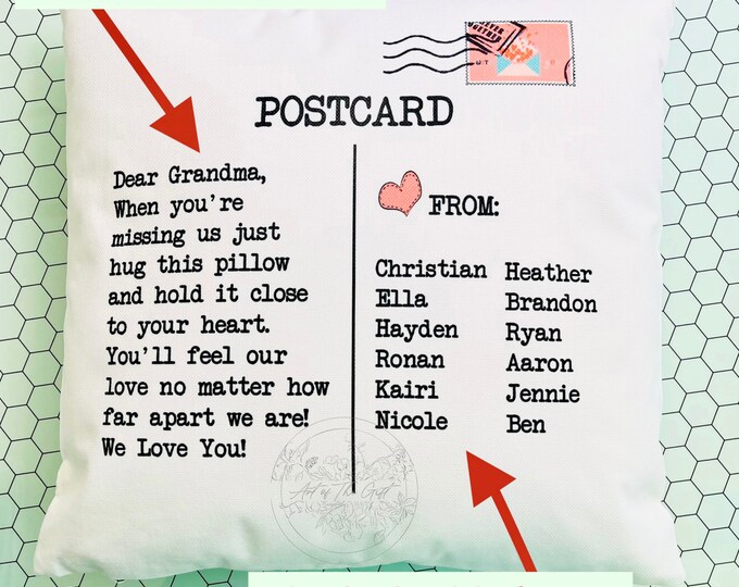 Postcard hug pillow cover, 16x16, (insert optional).  Great way to send some love when you can't be together with friends and family