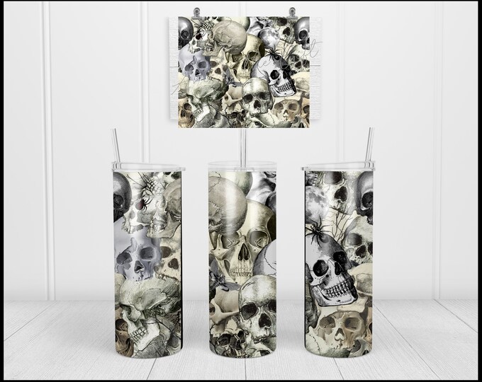 Halloween Black and White Skulls 20oz Skinny Tumbler!