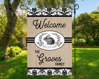 Bunny Garden Flag, Personalized  (flag only, no stake) XL 12'x18", double sided. Great gift for spring or housewarming!