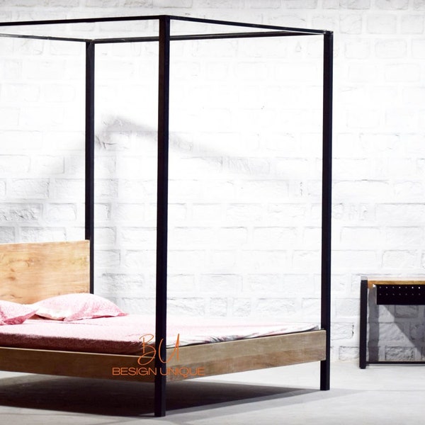 Indian Solid Wood Four Poster Bed With Industrial Look Hand Made Unique Bed Design from India for Rustic Retro Shabby Chic Interior