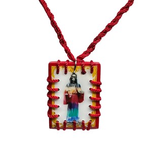 Santa Muerte Scapular Necklace 7 Powers Red Knotted Rope Wood Charm Handmade NEW