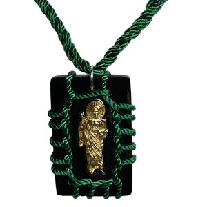 St Jude Reversible Scapular Necklace Green Knotted Rope Black Wood Charm GF NEW