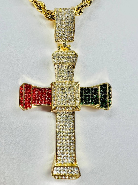 Large Cross Pendant With Necklace 24K Gold Filled Mexican Colors