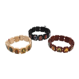 Religious Saint and Virgin Wood Charm Bracelets Lot of 3 Brown, Black, Tan NEW