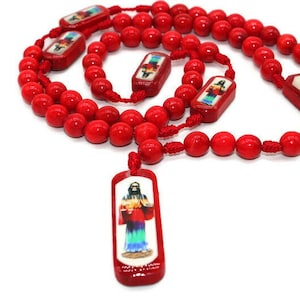 Santa Muerte Rosary Necklace Round Beads Red Color with Multi Color Santa Muerte