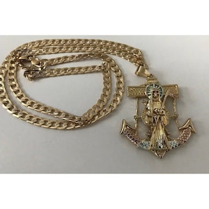 Santa Muerte Anchor Three Gold Pendant with Necklace Brand New Great 24K Gold Filled