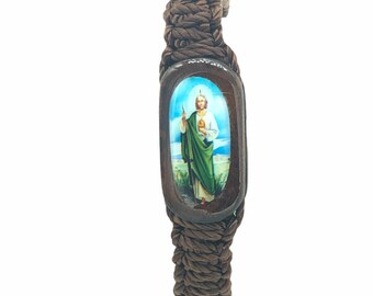 St Jude Bracelet Handmade Knotted Brown Wood Charm Adjustable NEW