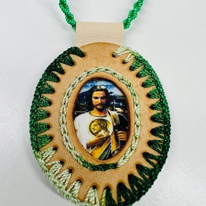St Jude Leather Scapular Necklace Handmade Cream and Green Rope Saint Rosary